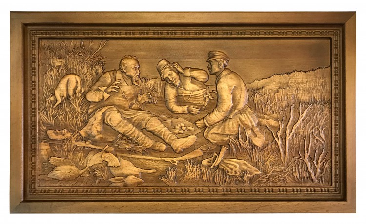 Деревянные резные нарды "Охотники на привале" дуб патина (50x58см)