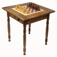 Стол шахматный ГРОССМЕЙСТЕРСКИЙ ТЕМНЫЙ 72x72 см с фигурами и выдвижным ящиком (резные ножки)